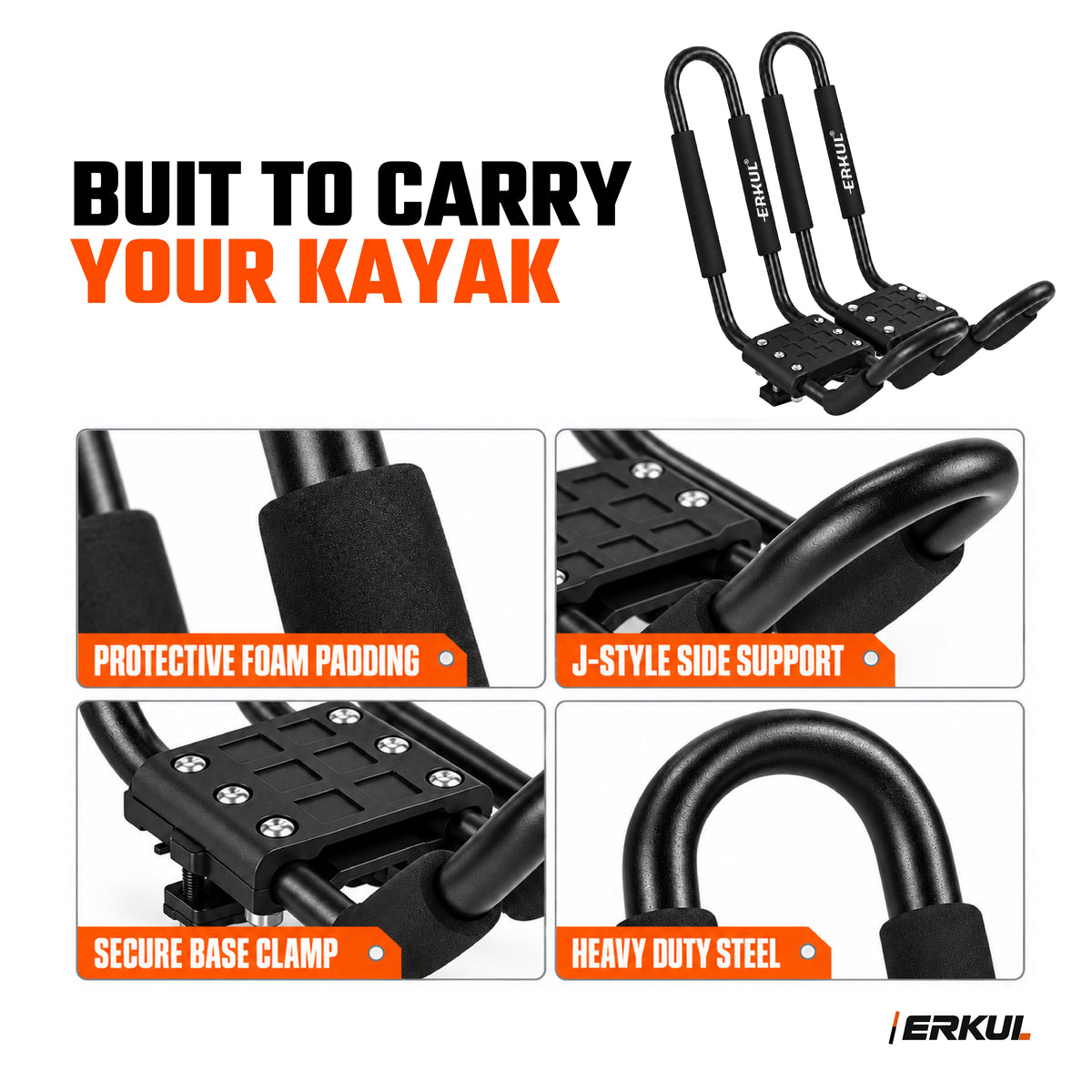 ERKUL WaveRack Kayak Complete Kit - J-Rack + 2 Tie-Down Straps
