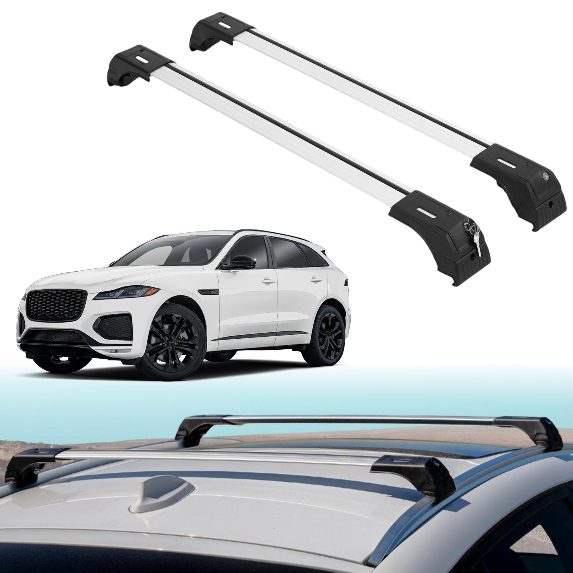 Roof Rack Crossbars for Jaguar F-Pace 2017-2026 Fits Flush Rails - Silver