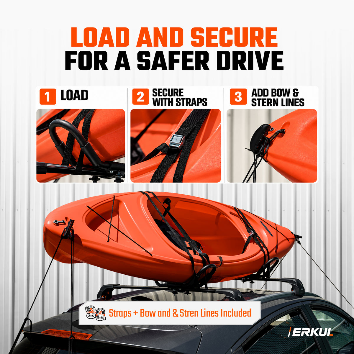 ERKUL WaveRack Kayak Complete Kit - J-Rack + 2 Tie-Down Straps